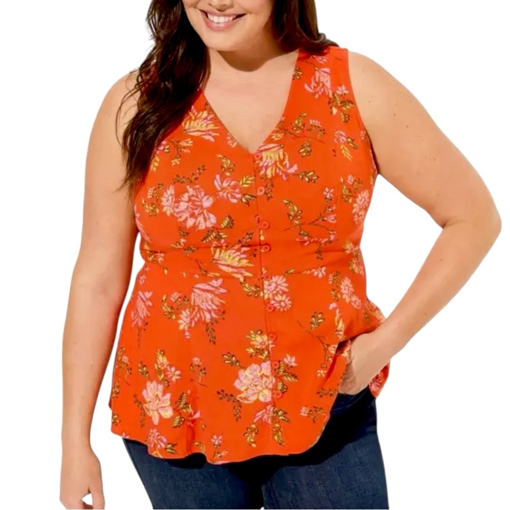 Torrid Orange Floral V-Neck Waist Tie Blouse